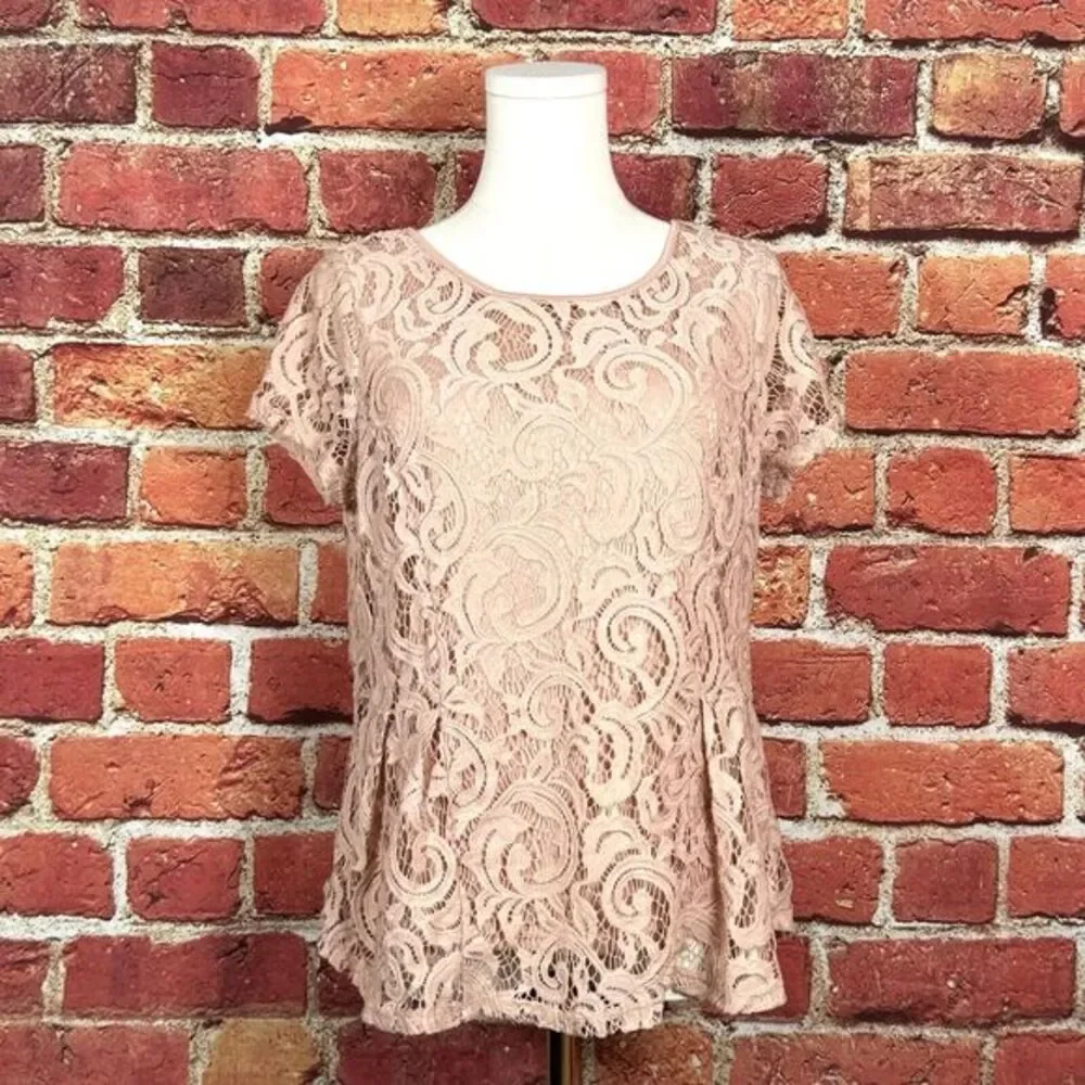 Adrianna Papell Women's Blush Pink Crochet Short Sleeve Top‎ Size Medium ECU